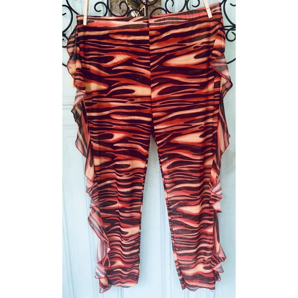 Pretty Little Thing Mesh Zebra Pants Size X L Orange Beach Ruffled Sides